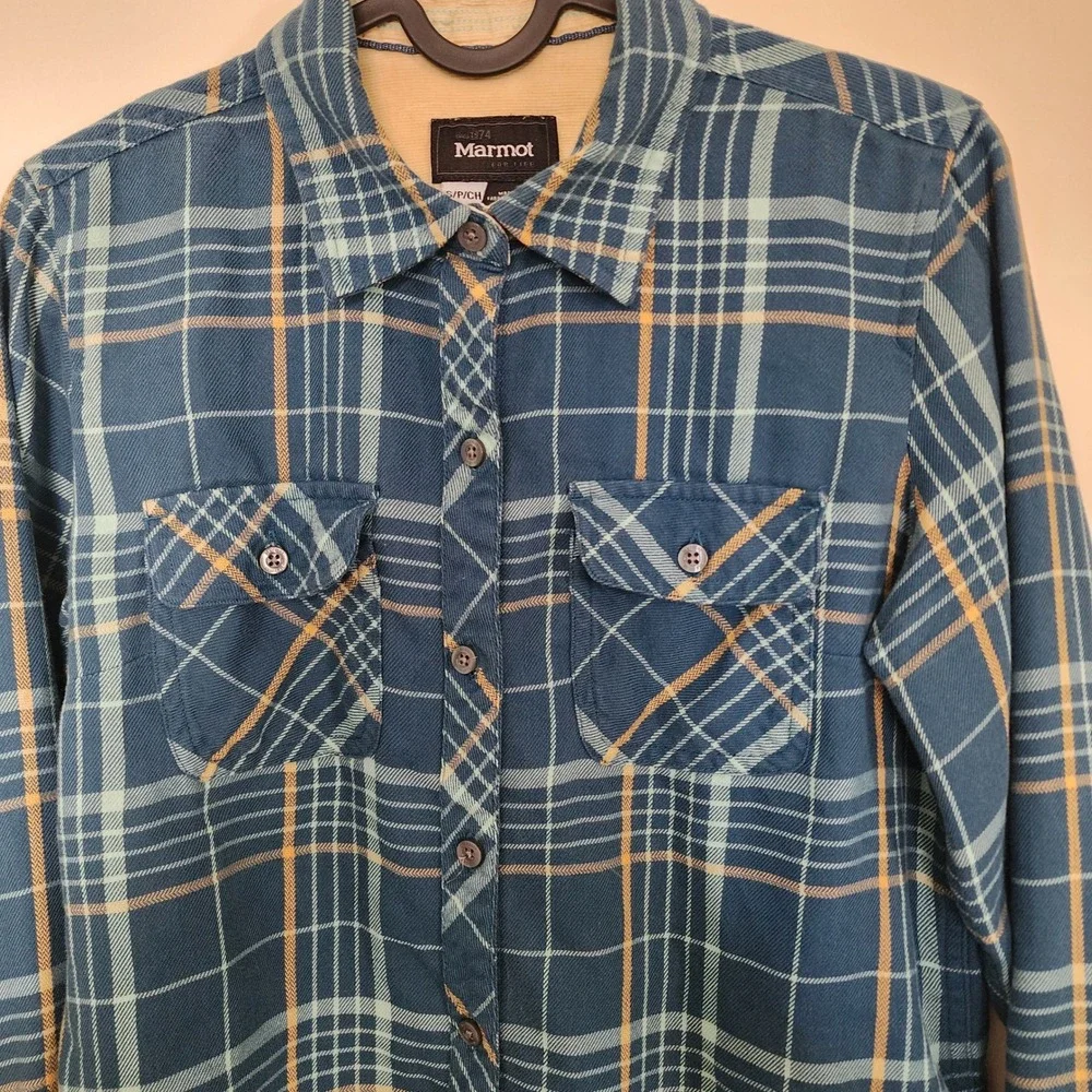 Marmot Womens Teal Blue Plaid Flannel Button Down Shirt Corduroy Trim Small Hike
